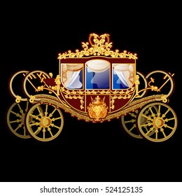 Vintage horse carriage with golden florid ornament isolated on a black background. Vector illustration.