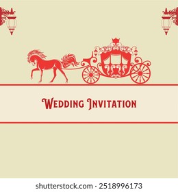 Plantilla de la invitación del carro de caballo de Antiguas, novio indio del símbolo de la boda en decorativo, logotipo clásico del carro real de la boda, transporte del carro del caballo