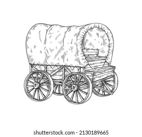 Vintage horse carriage or wagon, sketch or engraving style vector illustration isolated on white background. Ancient old cart or cab vehicle without horse. svg