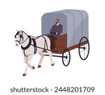 Vintage horse cart. Historic transport, old vehicle of 19th century. Coachman driving stallion. Coach victorian carriage transportation. Flat vector illustration isolated on white background