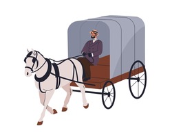 Vintage Horse Cart. Historic Transport, Old Vehicle Of 19th Century. Coachman Driving Stallion. Coach Victorian Carriage Transportation. Flat Vector Illustration Isolated On White Background