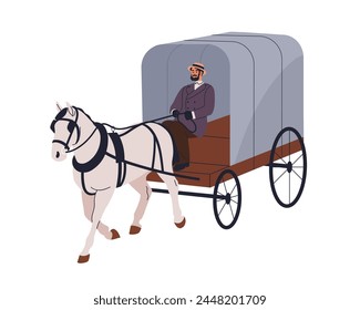 Vintage horse cart. Historic transport, old vehicle of 19th century. Coachman driving stallion. Coach victorian carriage transportation. Flat vector illustration isolated on white background