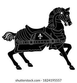 Vintage horse in knight armor. Black and white silhouette.