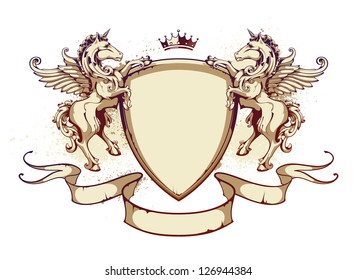 Vintage horse on shield. Vector illustration.