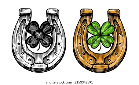 Vintage horseshoe and clover. Symbol of success and good luck. Vector illustration