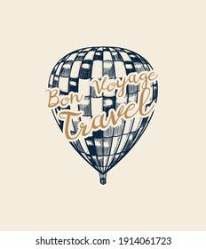 Vintage Hot Air Balloon badge. Vector retro flying airship with decorative element. Template transport for Romantic logo. Hand drawn Engraved sketch for poster or banner.