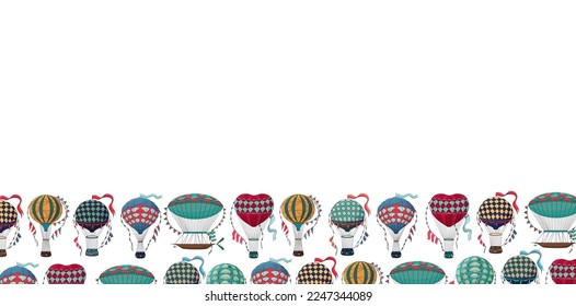 Vintage hot air balloon banner. Different balloon aerostat border. Color air balloons background. Large bag filled with hot gas and basket. Flying transport.Hand drawn vintage style flight airship.