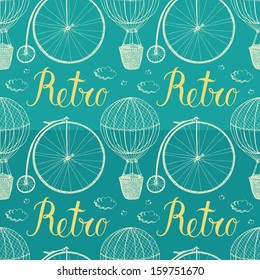Vintage hot air balloon and bicycle. Blue background. Hand drawing