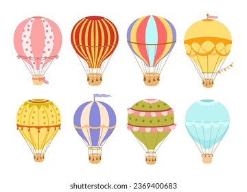 Vintage Hot air balloon with flags set. Vector colorful illustration isolated on white