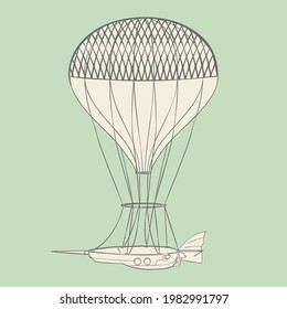 Vintage hot air balloon - hand drawn vector illustration. Flat colors.