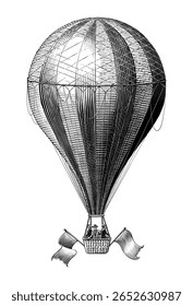 Vintage hot air balloon hand draw engraving style black and white clip art