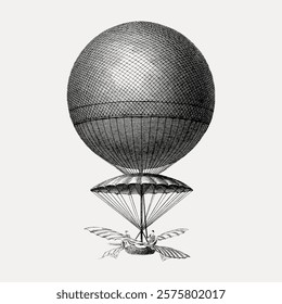 Vintage hot air balloon illustration with intricate details. The balloon features a large spherical design, showcasing classic aviation art. Retro aviation style. Vintage illustration vector.