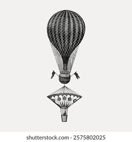 Vintage hot air balloon illustration with intricate details. This hot air balloon art captures the essence of vintage travel. Perfect vintage decor piece. Vintage illustration isolated, vector.