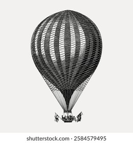 Vintage hot air balloon illustration with intricate netting and basket. Detailed balloon design showcases classic aviation style. Retro balloon art. Vintage art illustration, vector.