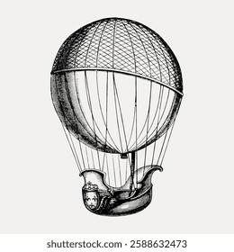 Vintage hot air balloon illustration with intricate details. The hot air balloon features a netted design. Classic hot air balloon art in black and white. Vintage art painting vector.