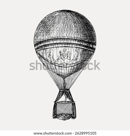 Vintage hot air balloon illustration with intricate details. The hot air balloon design features a classic style, showcasing the balloon