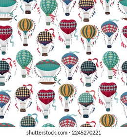 Vintage hot air balloon pattern. Different balloon aerostat print. Color air balloons texture. Large bag filled with hot gas and basket.
Flying transport. Hand drawn vintage style flight airship. Аir 