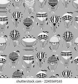 Vintage hot air balloon pattern. Different balloon aerostat print. Color air balloons texture. Large bag filled with hot gas and basket.
Flying transport. Hand drawn vintage style flight airship. Аir 