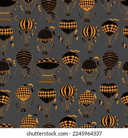 Vintage hot air balloon pattern. Different balloon aerostat print. Color air balloons texture. Large bag filled with hot gas and basket.
Flying transport. Hand drawn vintage style flight airship. Аir 