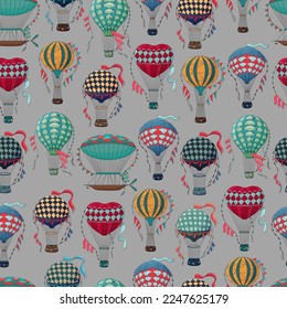 Vintage hot air balloon pattern. Different balloon aerostat print. Color air balloons texture. Large bag filled with hot gas and basket.
Flying transport. Hand drawn vintage style flight airship. Аir 