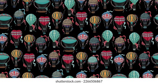 Vintage hot air balloon pattern. Different balloon aerostat print. Color air balloons texture. Large bag filled with hot gas and basket.
Flying transport. Hand drawn vintage style flight airship. 