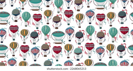 Vintage hot air balloon pattern. Different balloon aerostat print. Color air balloons texture. Large bag filled with hot gas and basket.
Flying transport. Hand drawn vintage style flight airship. 