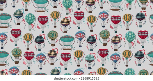 Vintage hot air balloon pattern. Different balloon aerostat print. Color air balloons texture. Large bag filled with hot gas and basket.
Flying transport. Hand drawn vintage style flight airship. 