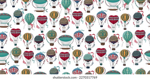 Vintage hot air balloon pattern. Different balloon aerostat print. Color air balloons texture. Large bag filled with hot gas and basket.
Flying transport. Hand drawn vintage style flight airship. 