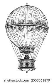 Vintage Hot Air Balloon. Retro flying airship with decorative elements.  Airship or transport monochrome icon. Vector logo design template. Engraved sketch isolated on white background.