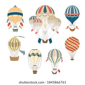 Vintage hot air balloon set with royal flags and colorful stripes isolated on white background. Festive air crafts with retro decorations, vector illustration.