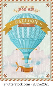 Vintage hot air balloon in the sky vector. illustration. Background. Greeting card. Poster template in retro style. 