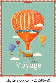 Vintage hot air balloon in the sky vector. illustration. Background. Greeting card. Poster template in retro style. 