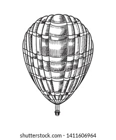 Vintage Hot Air Balloon. Vector retro flying airship with decorative elements. Template transport for Romantic logo. Hand drawn Engraved sketch.