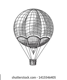 Vintage Hot Air Balloon. Vector retro flying airship with decorative elements. Template transport for Romantic logo. Hand drawn Engraved sketch.