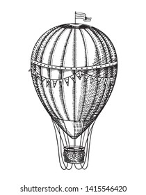 Vintage Hot Air Balloon. Vector retro flying airship with decorative elements. Template transport for Romantic logo. Hand drawn Engraved sketch.