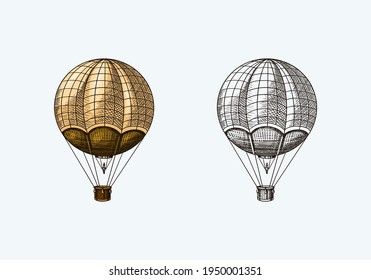 Vintage Hot Air Balloon. Vector retro flying airship with decorative elements. Template transport for Romantic logo. Hand drawn Engraved sketch.