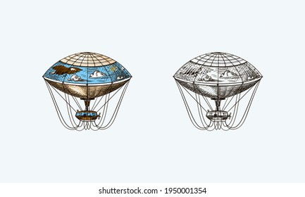 Vintage Hot Air Balloon. Vector retro flying airship with decorative elements. Template transport for Romantic logo. Hand drawn Engraved sketch.