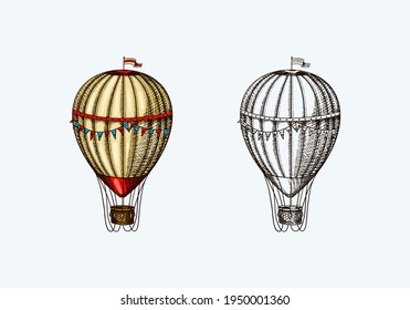 Vintage Hot Air Balloon. Vector retro flying airship with decorative elements. Template transport for Romantic logo. Hand drawn Engraved sketch.