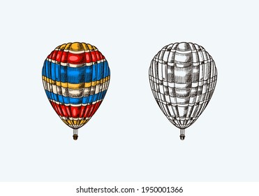 Vintage Hot Air Ballon. Vektorretro fliegendes Luftschiff mit dekorativen Elementen. Vorlagentransport für Romantisches Logo. Handgezeichnete Skizze.