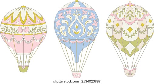 Vintage Hot Air Balloon Vector Set: Elegant Decorative Balloons in Pastel Colors