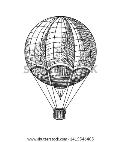 Vintage Hot Air Balloon. Vector retro flying airship with decorative elements. Template transport for Romantic logo. Hand drawn Engraved sketch.