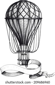 Vintage Hot Air Balloon With Waving Banner Hanging To The Basket