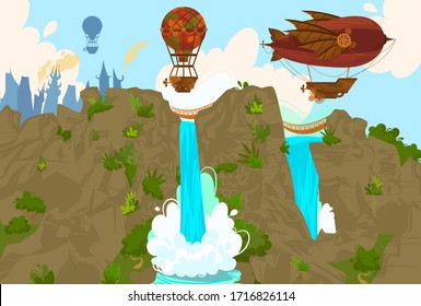 Vintage hot air balloons and airships at nature, waterpark steampunk cartoon vector illustration. Retro flight in sky travel, vehicles, baloon with baskets steampunk postcard background.
