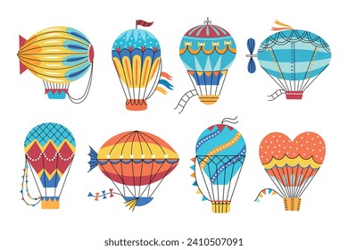 Vintage hot air balloons and airships. Different shapes vintage sky travel objects, color decorative aerostatic retro transport, vector set.eps
