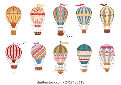 Vintage hot air balloons. Cartoon flying hot air balloons decorated with garlands and flags flat vector illustration set. Retro air transport collection