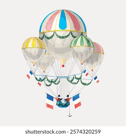 Vintage hot air balloons with colorful patterns and French flags. Decorative hot air balloons in pastel colors. Classic hot air balloon illustration. Vintage illustration isolated on white, vector.