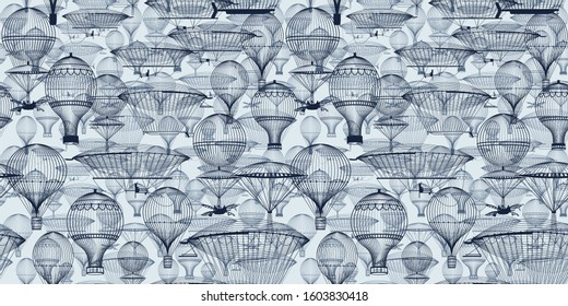 Vintage hot air balloons floating in the sky. Trendy seamless background, wallpaper. Monochrome in shades of blue