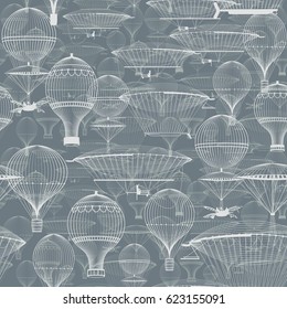 Vintage hot air balloons floating in the sky. Trendy seamless background, wallpaper. Monochrome in shades of blue