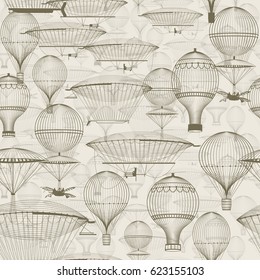 Vintage hot air balloons floating in the sky. Trendy seamless background, wallpaper. Monochrome in shades of sepia