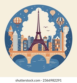 Globos de aire caliente antiguos sobrevolando París y la torre Eiffel. Los aeródromos retro sobrevuelan la ciudad francesa con rascacielos modernos y un puente sobre el Sena. Círculo forma la ilustración de viaje de París.